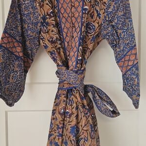 Sue Sartor Anthropologie Block Print Boho Tie-Waist Mini Dress in Blue and Tan